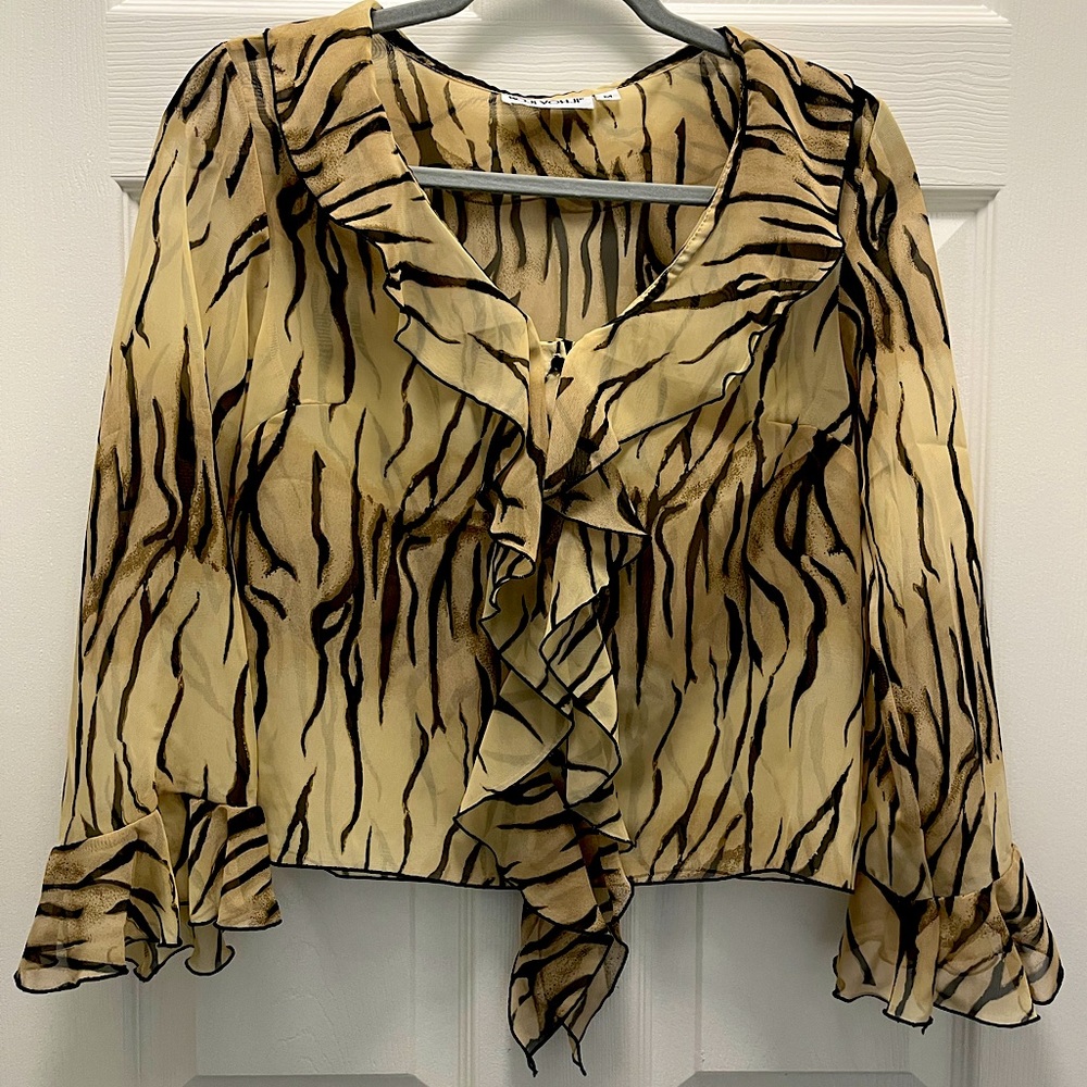 Koji Yohji Medium Animal Print Button Down Frilly Ruffle Blouse